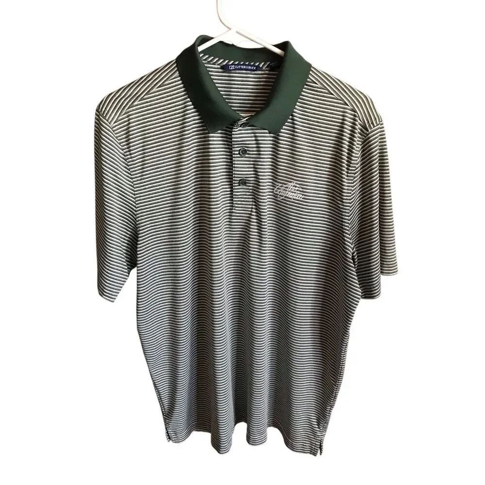 Cutter & Buck polo shirt Size Large Mens green white striped the Virginian logo